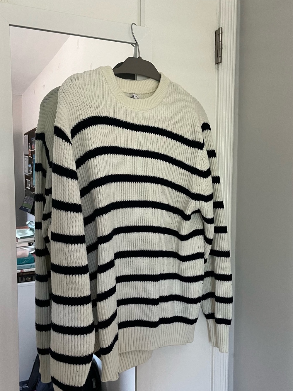 Zara Cream and Black Striped Crewneck Sweater